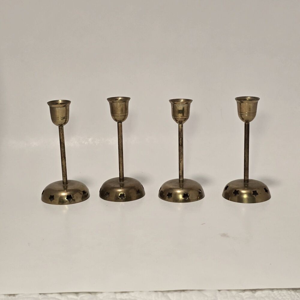 Vintage Brass Taper Candle Holders Round Star-cut Base Set of 4 MCM Decor Patina